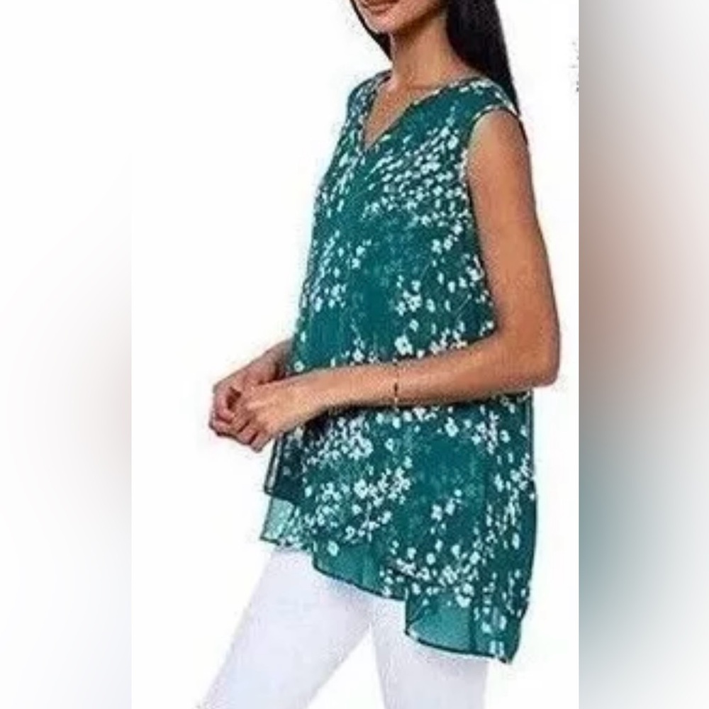 Cristina B Top XXL Green Boho Floral Print Silky V-Neck Sleeveless‎ Shirt Blouse